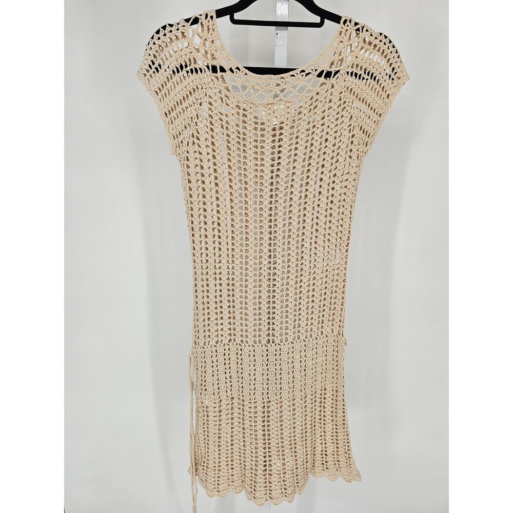 LOGG for H&M Womens Sz S Midi Legnth Boho Crochet Dress Beige Tan Short Sleeve - Picture 5 of 5